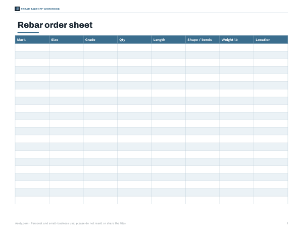 Preview of Printable Rebar Order Sheet